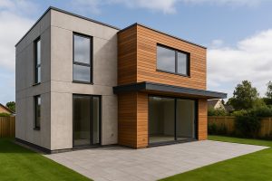 Vivienda unifamiliar prefabricada mixta o híbrida